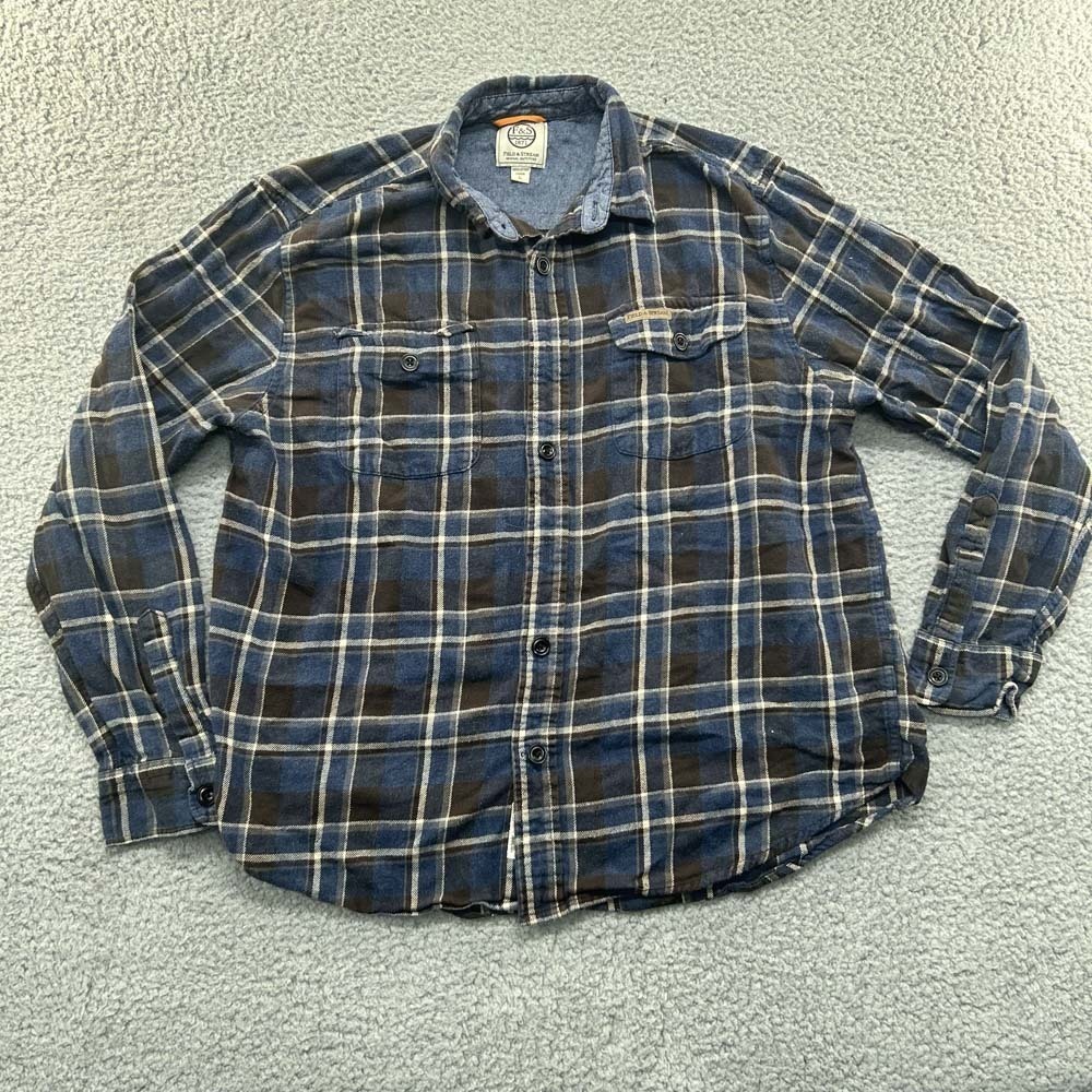 Vintage Field & Stream Shirt Mens Large Blue Plaid Heavy Flannel Button Up Warm